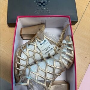 Vince Camuto Metallic Gold Lattice Block Heel Sandals